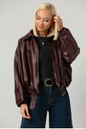Leather jacket bomber με λάστιχο και ζωνάκι μπορντό