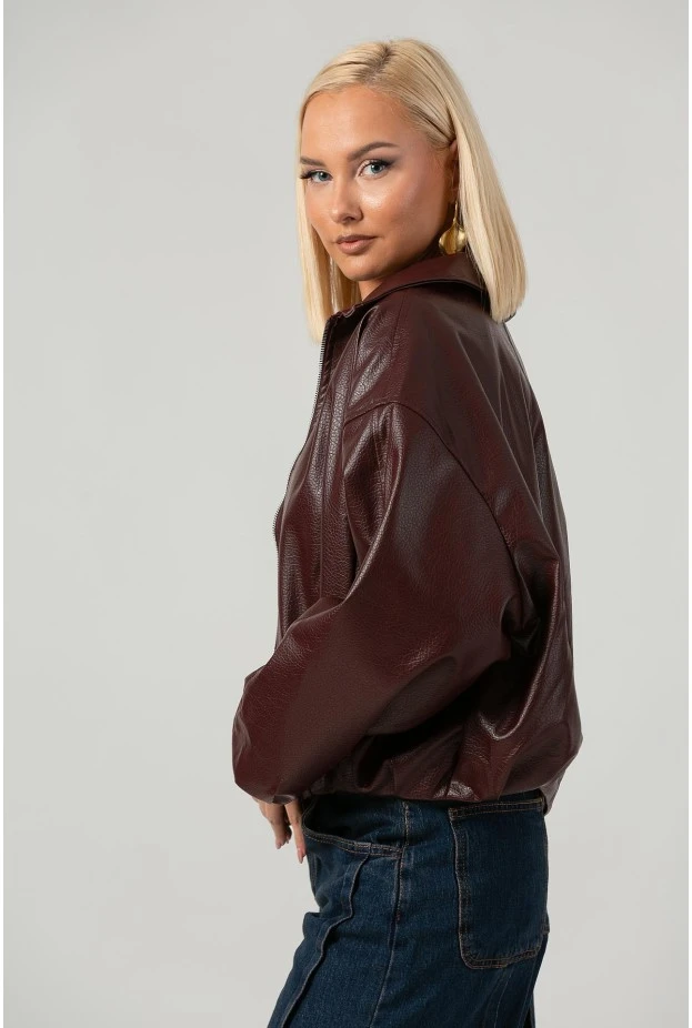 Leather jacket bomber με λάστιχο και ζωνάκι μπορντό
