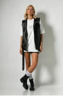 Αμάνικο μακρύ leather jacket με ζώνη μαύρο Αμάνικο μακρύ leather jacket με ζώνη μαύρο