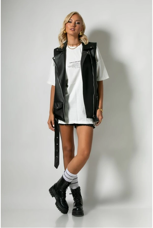 Αμάνικο μακρύ leather jacket με ζώνη μαύρο