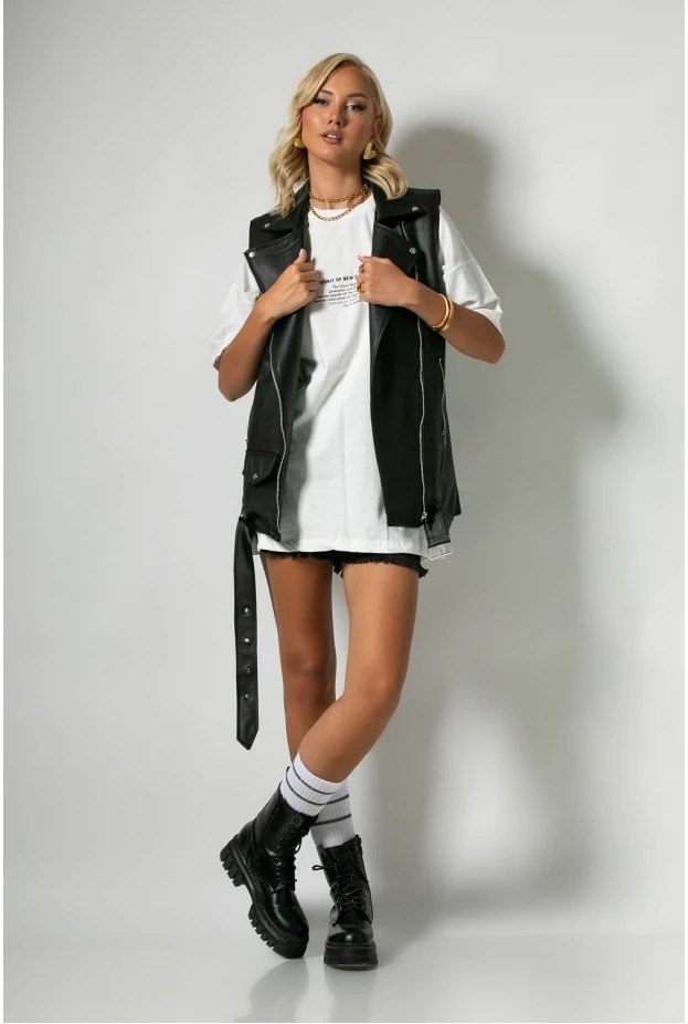 Αμάνικο μακρύ leather jacket με ζώνη μαύρο
