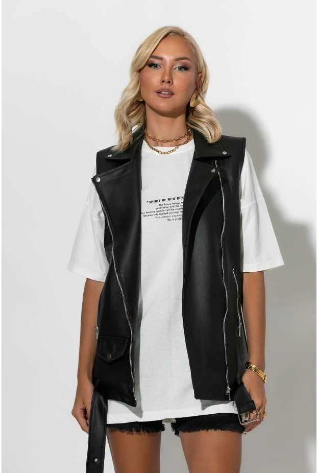 Αμάνικο μακρύ leather jacket με ζώνη μαύρο