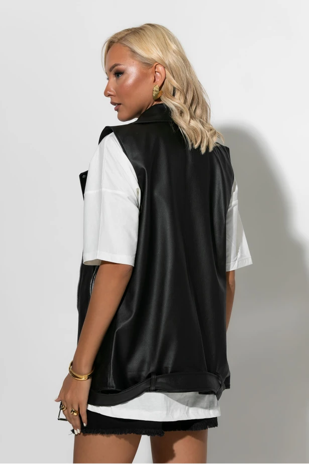 Αμάνικο μακρύ leather jacket με ζώνη μαύρο Αμάνικο μακρύ leather jacket με ζώνη μαύρο