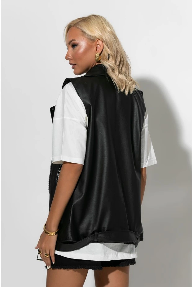 Αμάνικο μακρύ leather jacket με ζώνη μαύρο