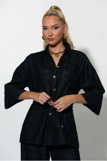 Jean jacket με κορδόνι στην μέση μπλε ντένιμ