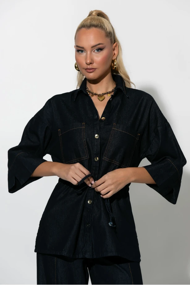 Jean jacket με κορδόνι στην μέση μπλε ντένιμ