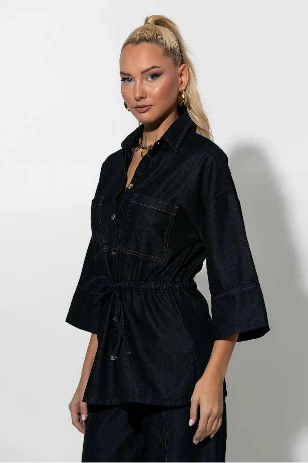 Jean jacket με κορδόνι στην μέση μπλε ντένιμ