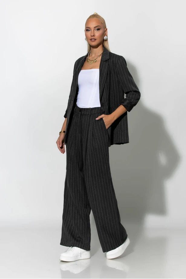 Σετ ριγέ παντελόνα και blazer με βάτες ανθρακί Σετ ριγέ παντελόνα και blazer με βάτες ανθρακί