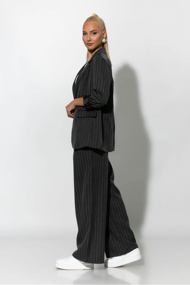 Σετ ριγέ παντελόνα και blazer με βάτες ανθρακί Σετ ριγέ παντελόνα και blazer με βάτες ανθρακί