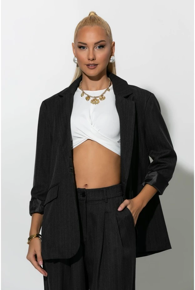 Σετ ριγέ παντελόνα και blazer με βάτες μαύρο