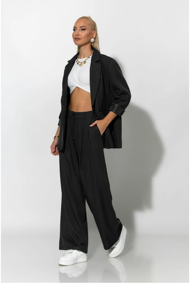 Σετ ριγέ παντελόνα και blazer με βάτες μαύρο