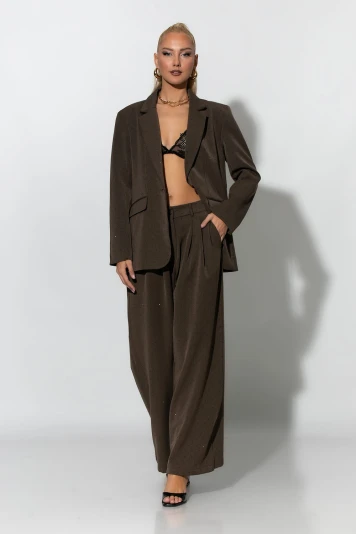 Σετ blazer και παντελόνι με στρας καφέ