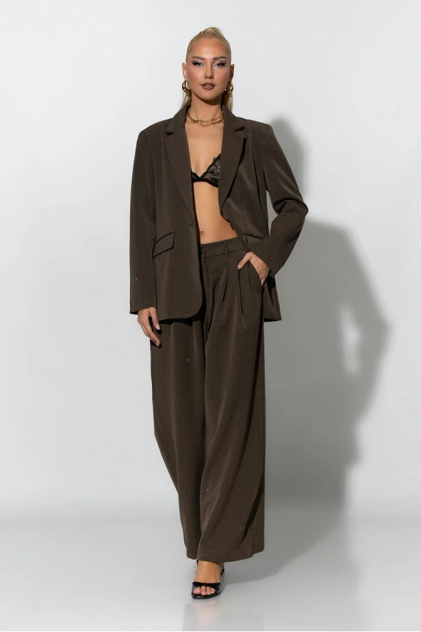 Σετ blazer και παντελόνι με στρας καφέ
