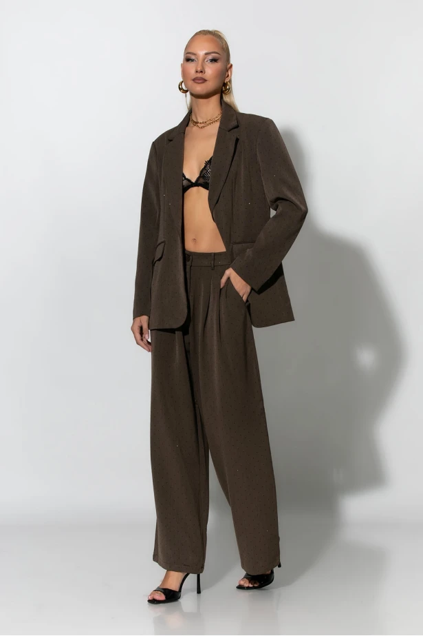 Σετ blazer και παντελόνι με στρας καφέ
