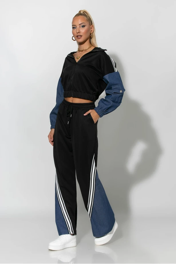 Σετ παντελόνι και jacket με jean λεπτομέρειες μαύρο