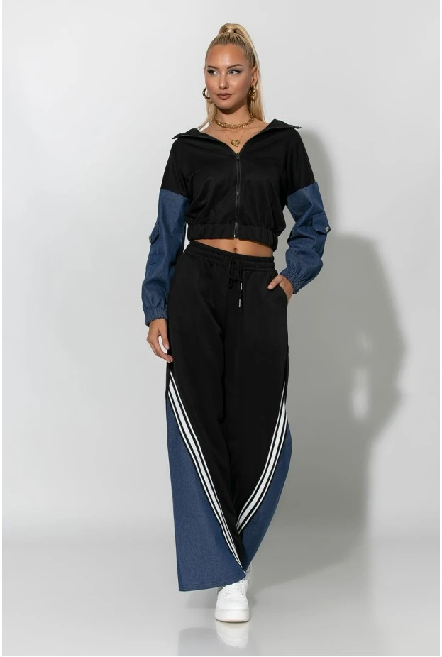 Σετ παντελόνι και jacket με jean λεπτομέρειες μαύρο