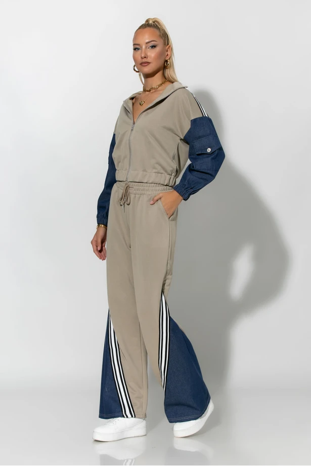 Σετ παντελόνι και jacket με jean λεπτομέρειες λαδί