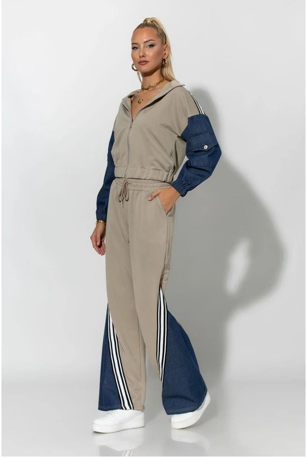 Σετ παντελόνι και jacket με jean λεπτομέρειες λαδί