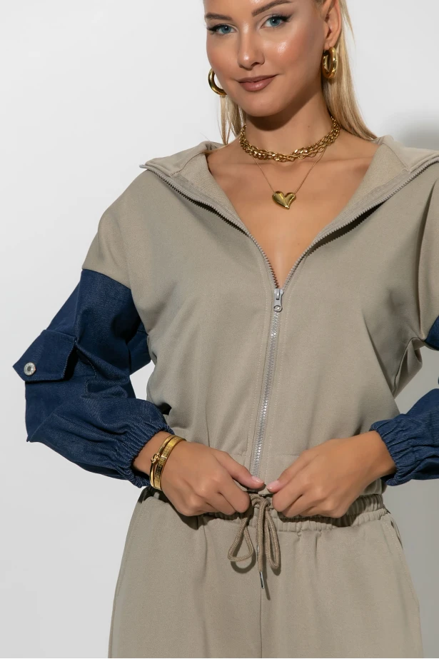 Σετ παντελόνι και jacket με jean λεπτομέρειες λαδί