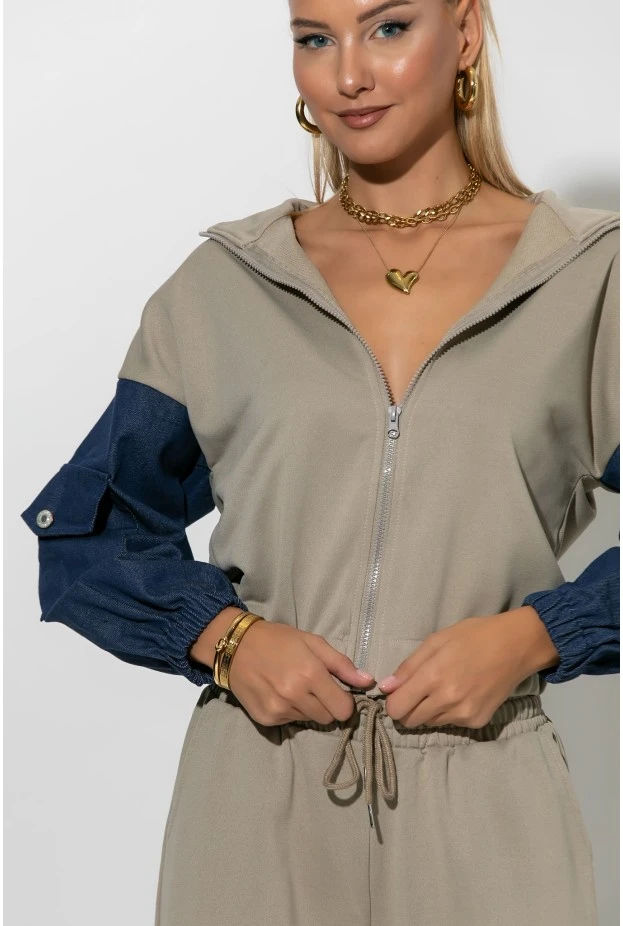 Σετ παντελόνι και jacket με jean λεπτομέρειες λαδί