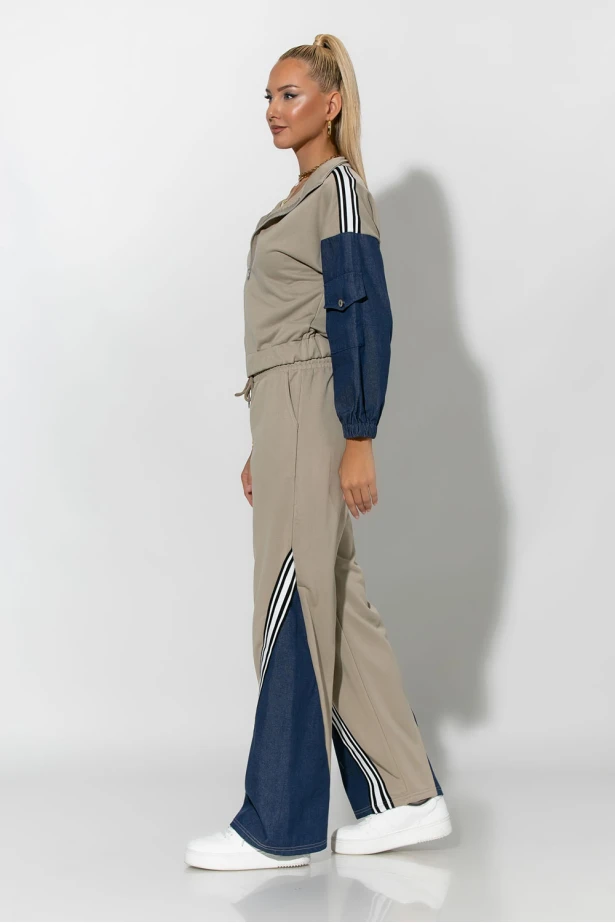 Σετ παντελόνι και jacket με jean λεπτομέρειες λαδί