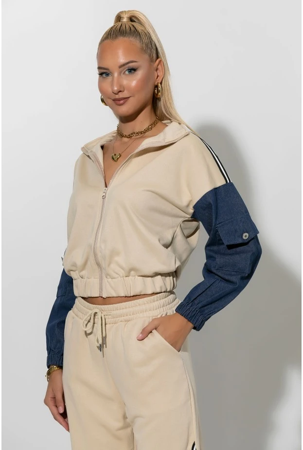 Σετ παντελόνι και jacket με jean λεπτομέρειες μπεζ