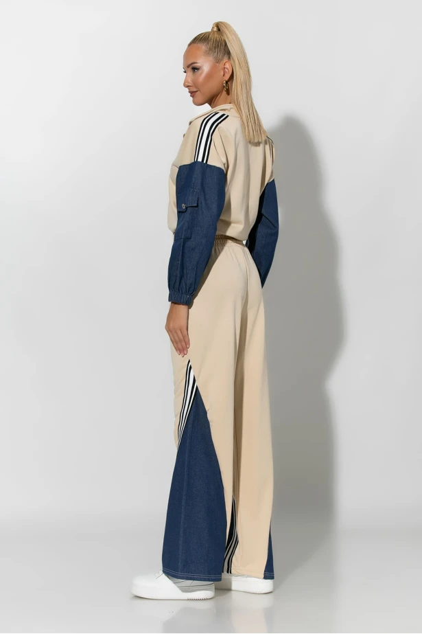 Σετ παντελόνι και jacket με jean λεπτομέρειες μπεζ