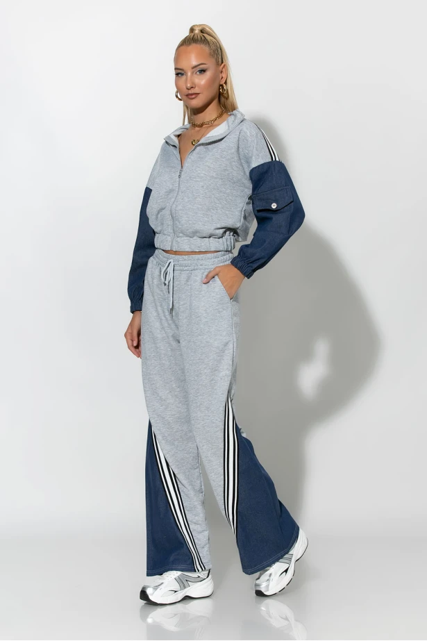 Σετ παντελόνι και jacket με jean λεπτομέρειες γκρι