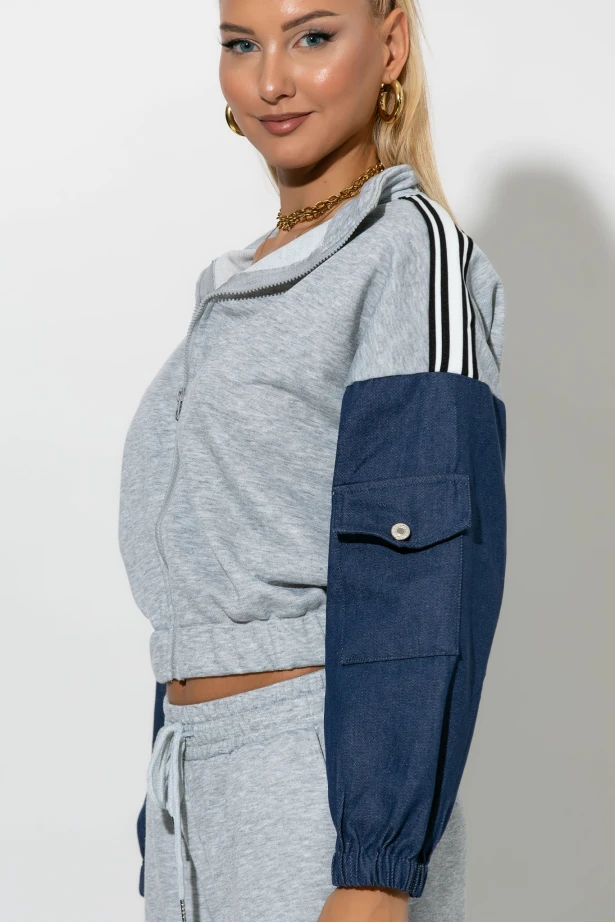 Σετ παντελόνι και jacket με jean λεπτομέρειες γκρι