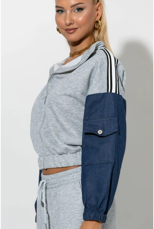 Σετ παντελόνι και jacket με jean λεπτομέρειες γκρι