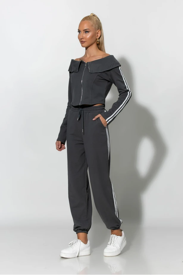 Σετ παντελόνι και jacket με ρίγες στο πλάι ανθρακί