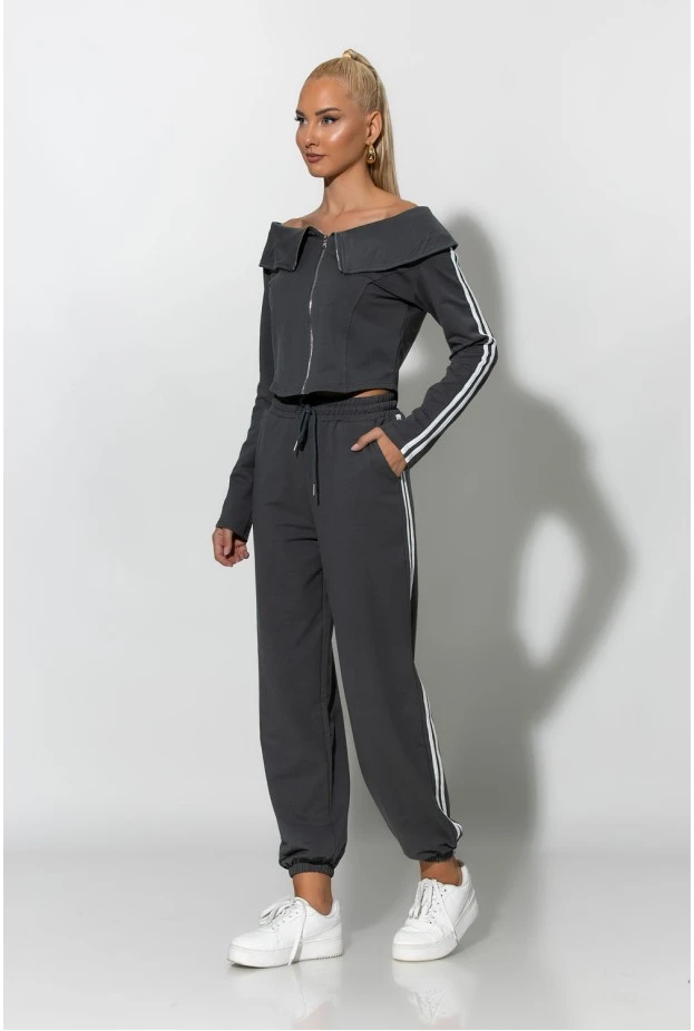 Σετ παντελόνι και jacket με ρίγες στο πλάι ανθρακί