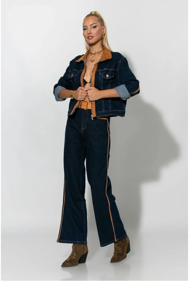 Σετ jean jacket και παντελόνι jean με ζώνη και λεπτομέρειες απο σουέντ μπλε σκούρο