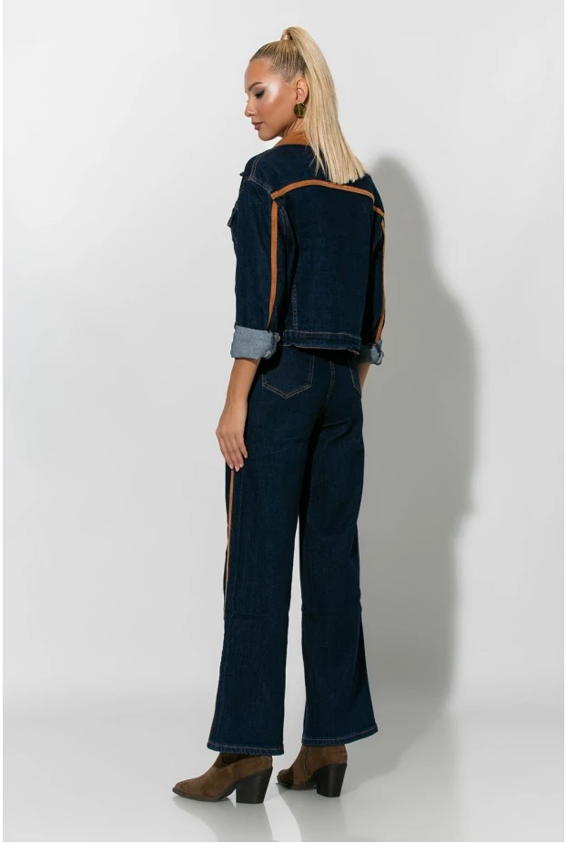 Σετ jean jacket και παντελόνι jean με ζώνη και λεπτομέρειες απο σουέντ μπλε σκούρο