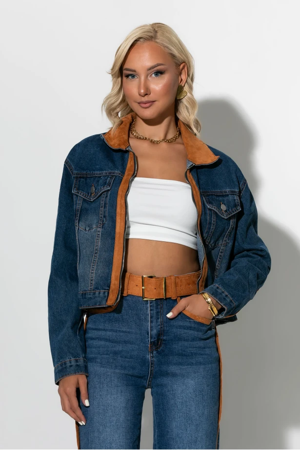Σετ jean jacket και παντελόνι jean με ζώνη και λεπτομέρειες απο σουέντ μπλε 