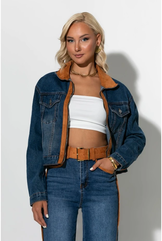 Σετ jean jacket και παντελόνι jean με ζώνη και λεπτομέρειες απο σουέντ μπλε 