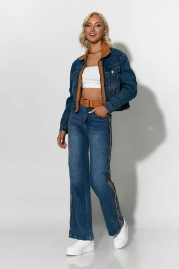 Σετ jean jacket και παντελόνι jean με ζώνη και λεπτομέρειες απο σουέντ μπλε 