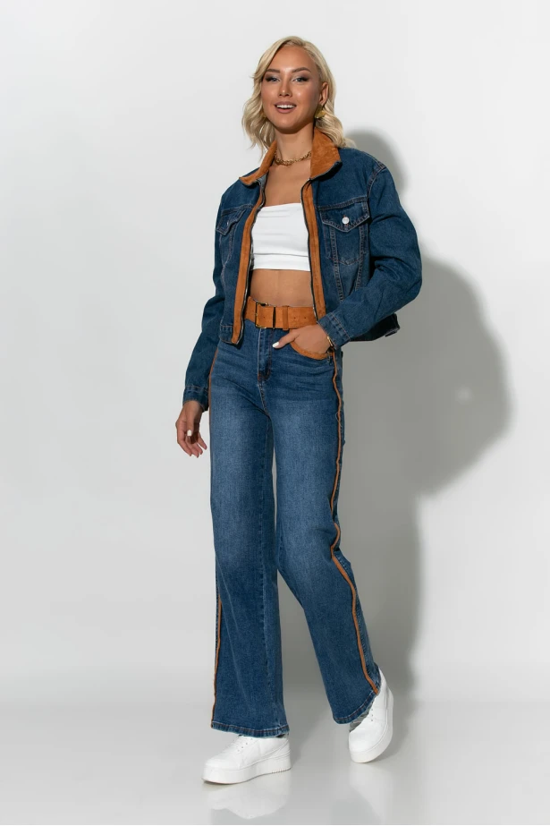 Σετ jean jacket και παντελόνι jean με ζώνη και λεπτομέρειες απο σουέντ μπλε 