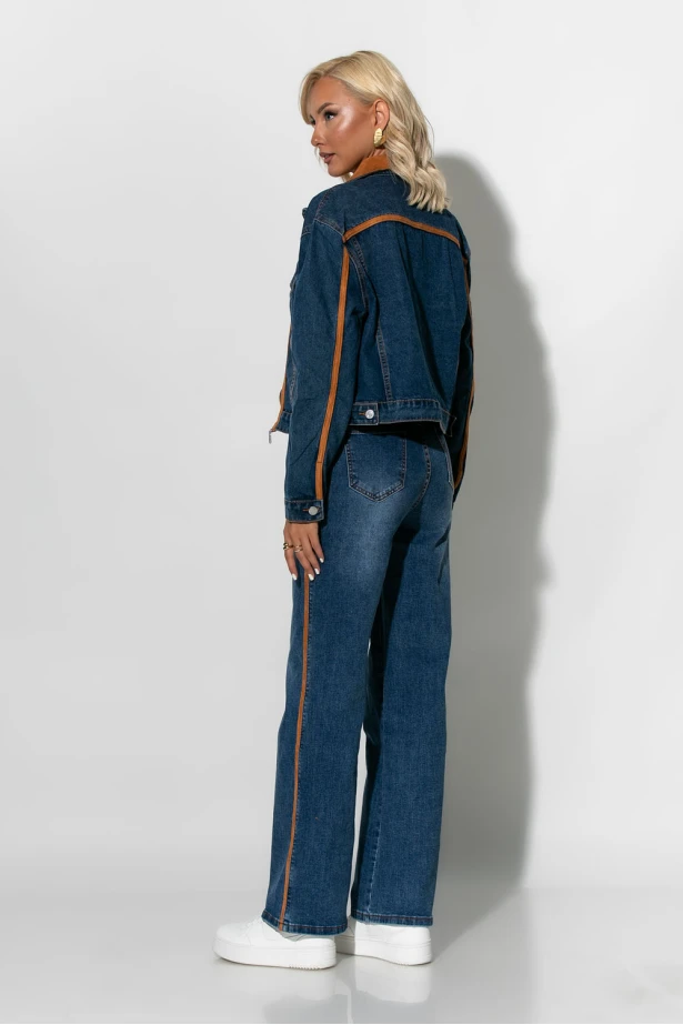 Σετ jean jacket και παντελόνι jean με ζώνη και λεπτομέρειες απο σουέντ μπλε 