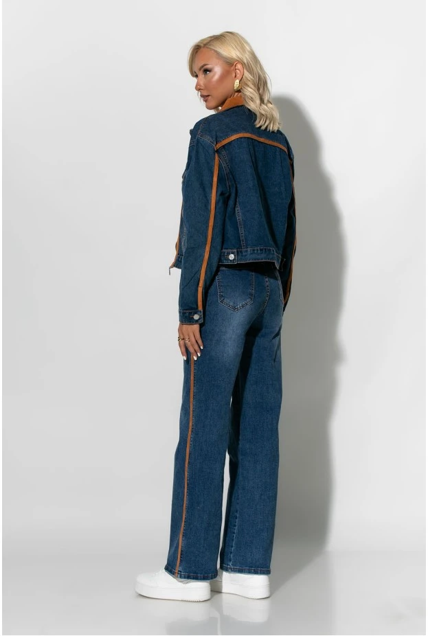 Σετ jean jacket και παντελόνι jean με ζώνη και λεπτομέρειες απο σουέντ μπλε 