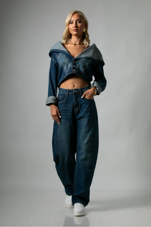 Σετ jean cropped jacket με μεγάλη κουκούλα και jean παντελόνι loose μπλε Σετ jean cropped jacket με μεγάλη κουκούλα και jean παντελόνι loose μπλε