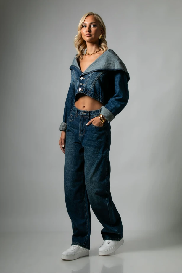 Σετ jean cropped jacket με μεγάλη κουκούλα και jean παντελόνι loose μπλε Σετ jean cropped jacket με μεγάλη κουκούλα και jean παντελόνι loose μπλε