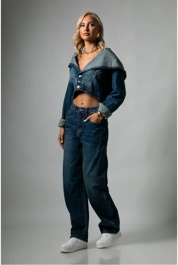 Σετ jean cropped jacket με μεγάλη κουκούλα και jean παντελόνι loose μπλε