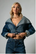 Σετ jean cropped jacket με μεγάλη κουκούλα και jean παντελόνι loose μπλε Σετ jean cropped jacket με μεγάλη κουκούλα και jean παντελόνι loose μπλε
