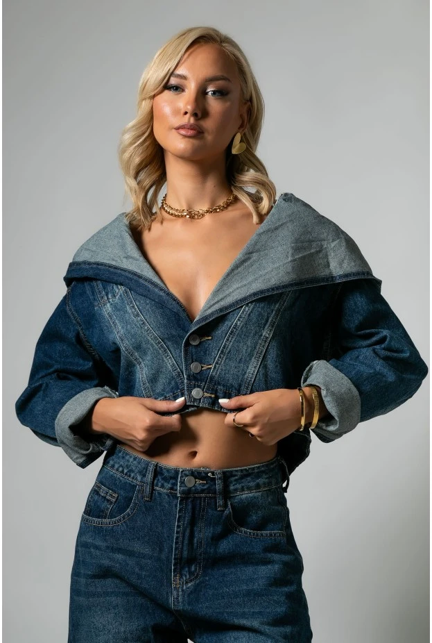 Σετ jean cropped jacket με μεγάλη κουκούλα και jean παντελόνι loose μπλε