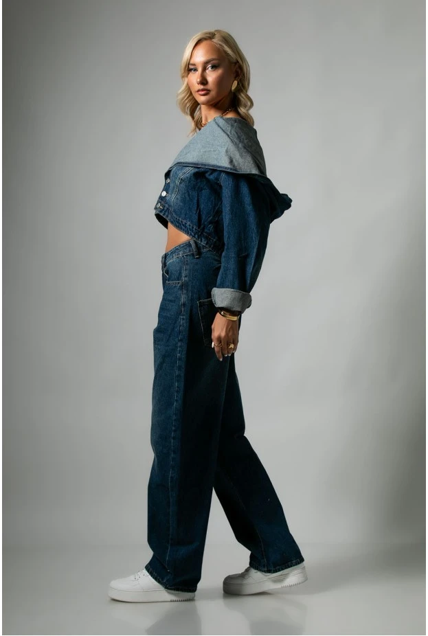 Σετ jean cropped jacket με μεγάλη κουκούλα και jean παντελόνι loose μπλε