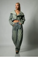Σετ jean cropped jacket με μεγάλη κουκούλα και jean παντελόνι loose μπλε ανοιχτό