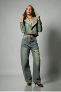 Σετ jean cropped jacket με μεγάλη κουκούλα και jean παντελόνι loose μπλε ανοιχτό
