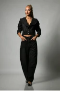 Σετ jean cropped jacket με μεγάλη κουκούλα και jean παντελόνι loose μαύρο
