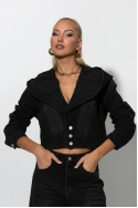 Σετ jean cropped jacket με μεγάλη κουκούλα και jean παντελόνι loose μαύρο